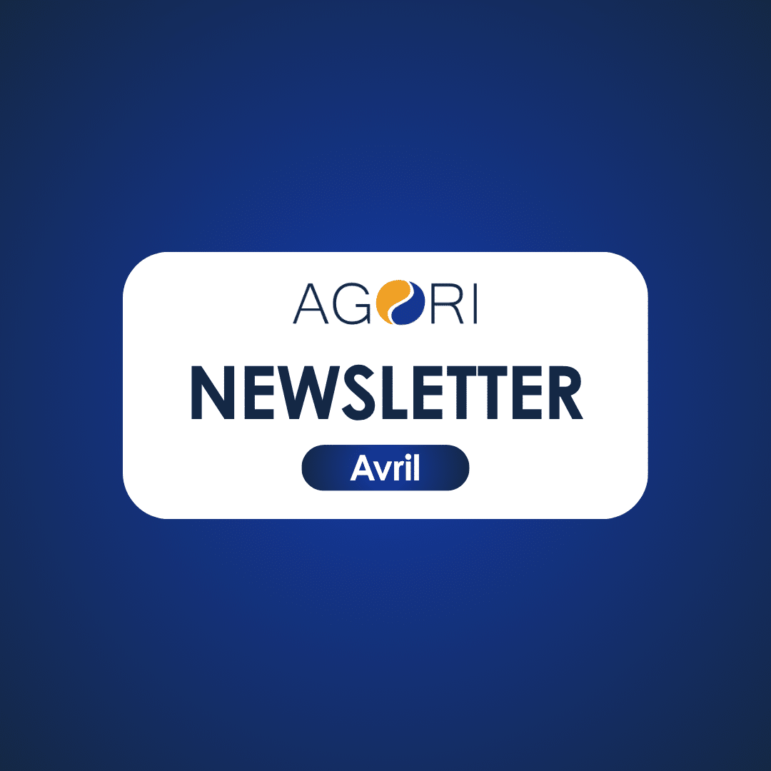 En-tête de la newsletter d’avril Agori sur fond bleu avec logo et mention "newsletter avril".